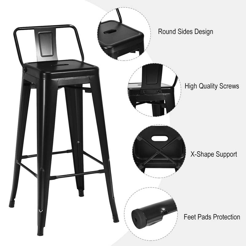 Industrial Stackable Metal Bar Stools Set of 4, 30" Low Back Bar Height Chairs with Removable Back & Footrest for Kitchen Island Indoor Outdoor