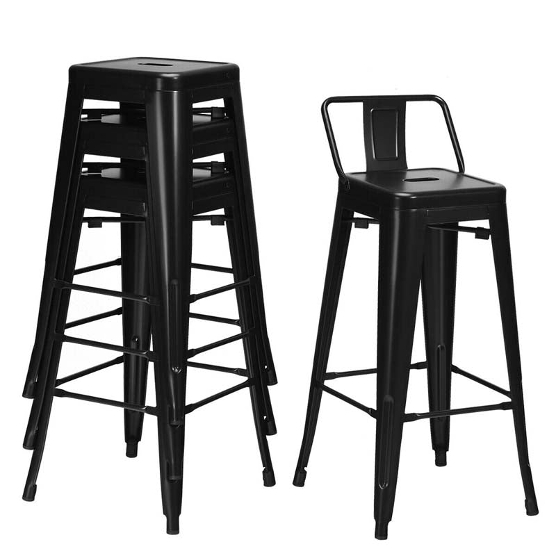 Industrial Stackable Metal Bar Stools Set of 4, 30" Low Back Bar Height Chairs with Removable Back & Footrest for Kitchen Island Indoor Outdoor