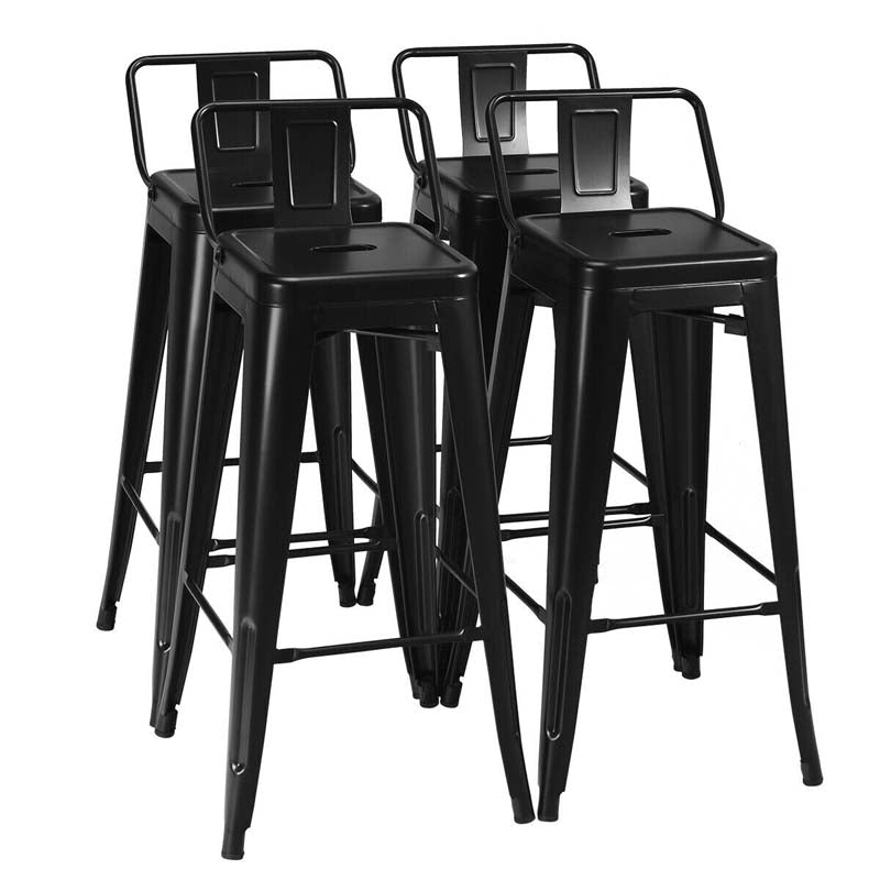 Industrial Stackable Metal Bar Stools Set of 4, 30" Low Back Bar Height Chairs with Removable Back & Footrest for Kitchen Island Indoor Outdoor