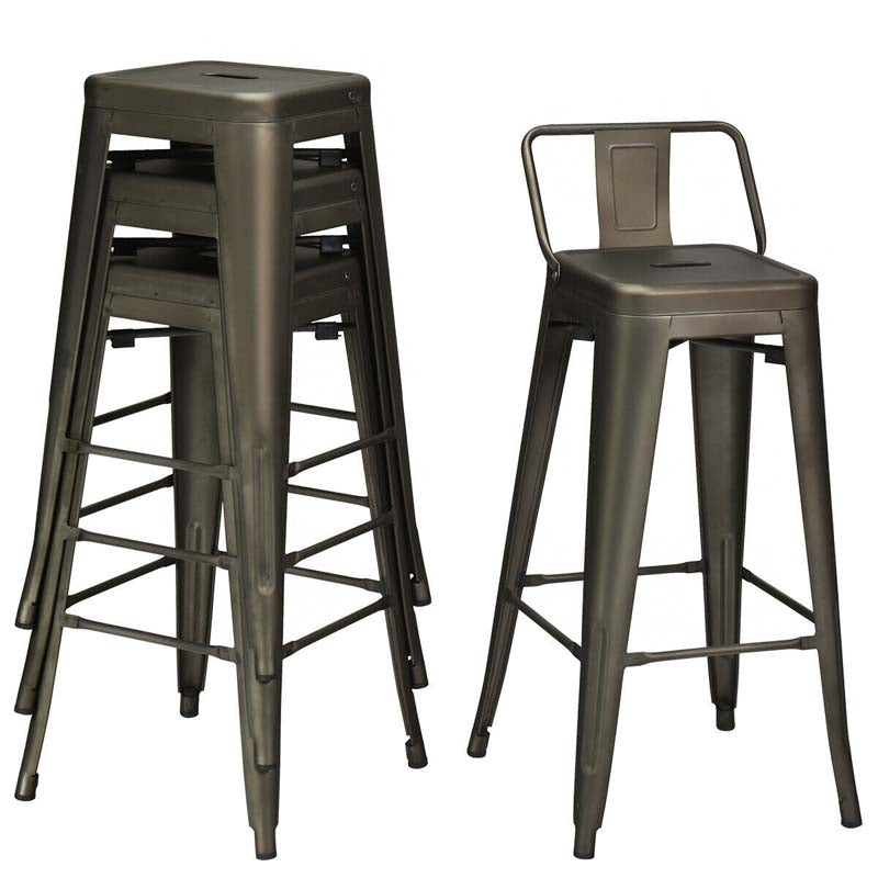 Industrial Stackable Metal Bar Stools Set of 4, 30" Low Back Bar Height Chairs with Removable Back & Footrest for Kitchen Island Indoor Outdoor