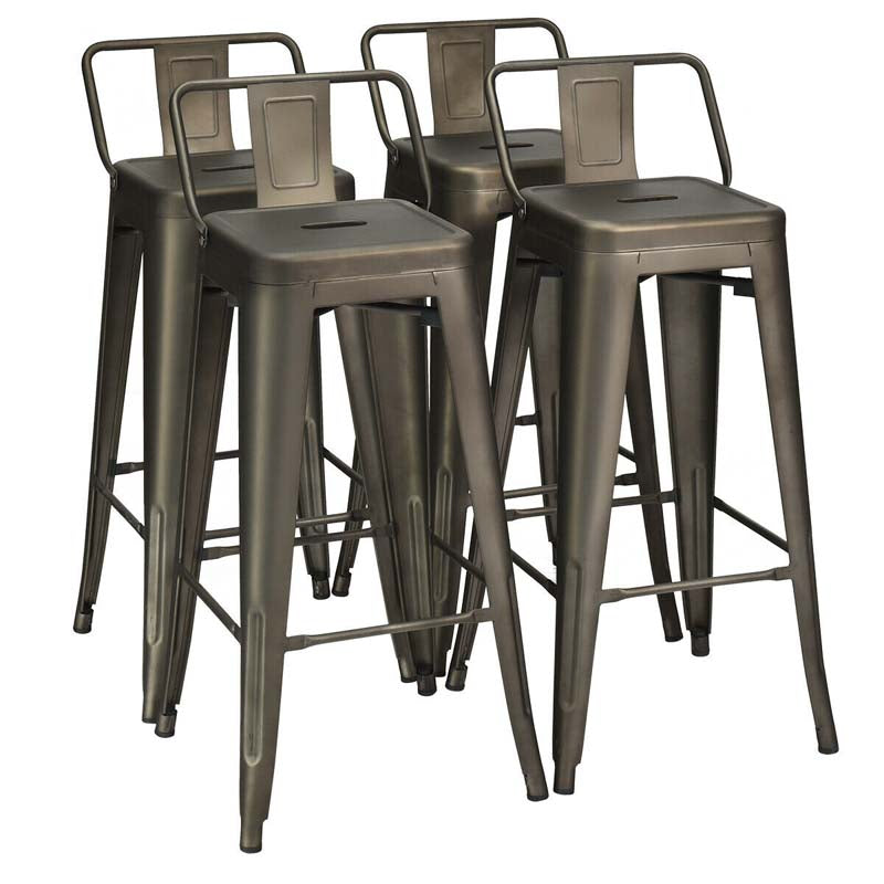 Industrial Stackable Metal Bar Stools Set of 4, 30" Low Back Bar Height Chairs with Removable Back & Footrest for Kitchen Island Indoor Outdoor