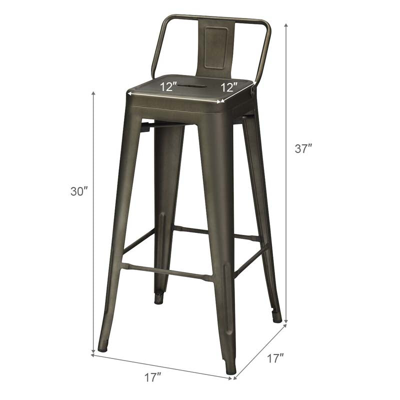 Industrial Stackable Metal Bar Stools Set of 4, 30" Low Back Bar Height Chairs with Removable Back & Footrest for Kitchen Island Indoor Outdoor