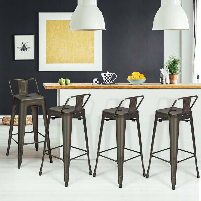 Industrial Stackable Metal Bar Stools Set of 4, 30" Low Back Bar Height Chairs with Removable Back & Footrest for Kitchen Island Indoor Outdoor