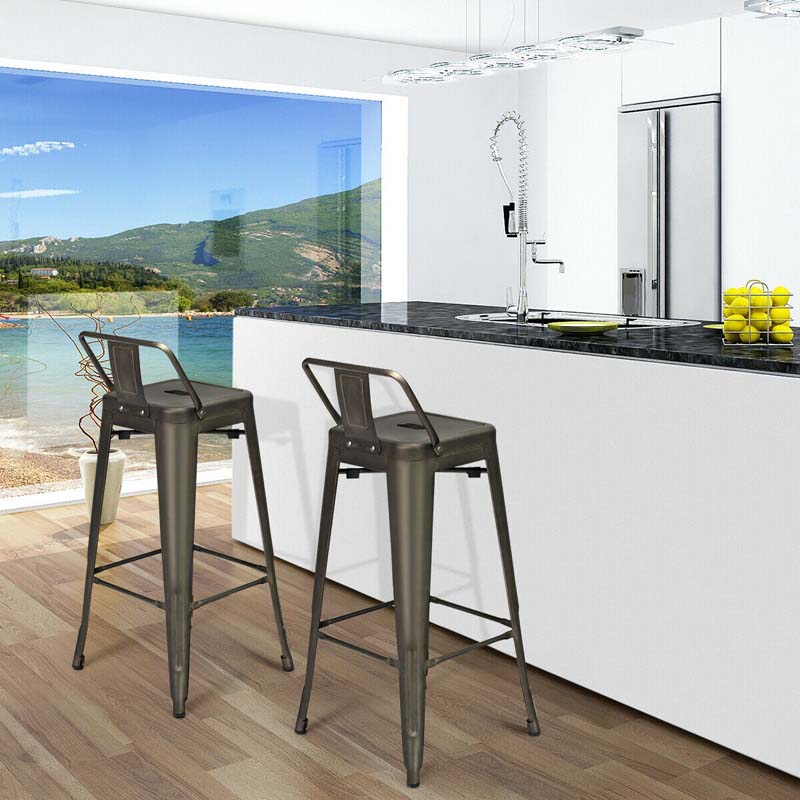 Industrial Stackable Metal Bar Stools Set of 4, 30" Low Back Bar Height Chairs with Removable Back & Footrest for Kitchen Island Indoor Outdoor