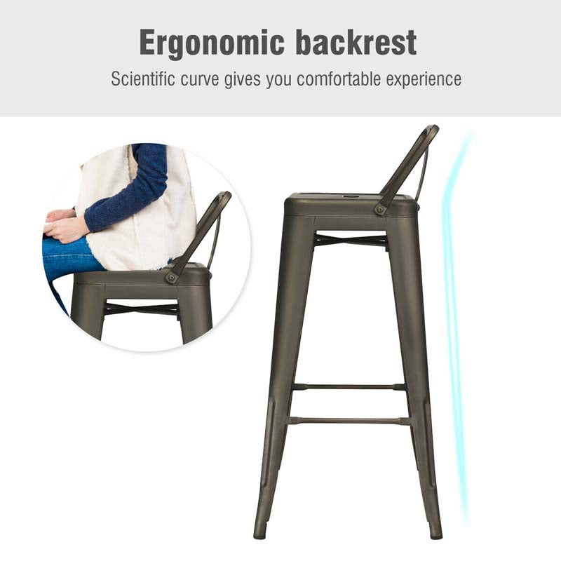 Industrial Stackable Metal Bar Stools Set of 4, 30" Low Back Bar Height Chairs with Removable Back & Footrest for Kitchen Island Indoor Outdoor