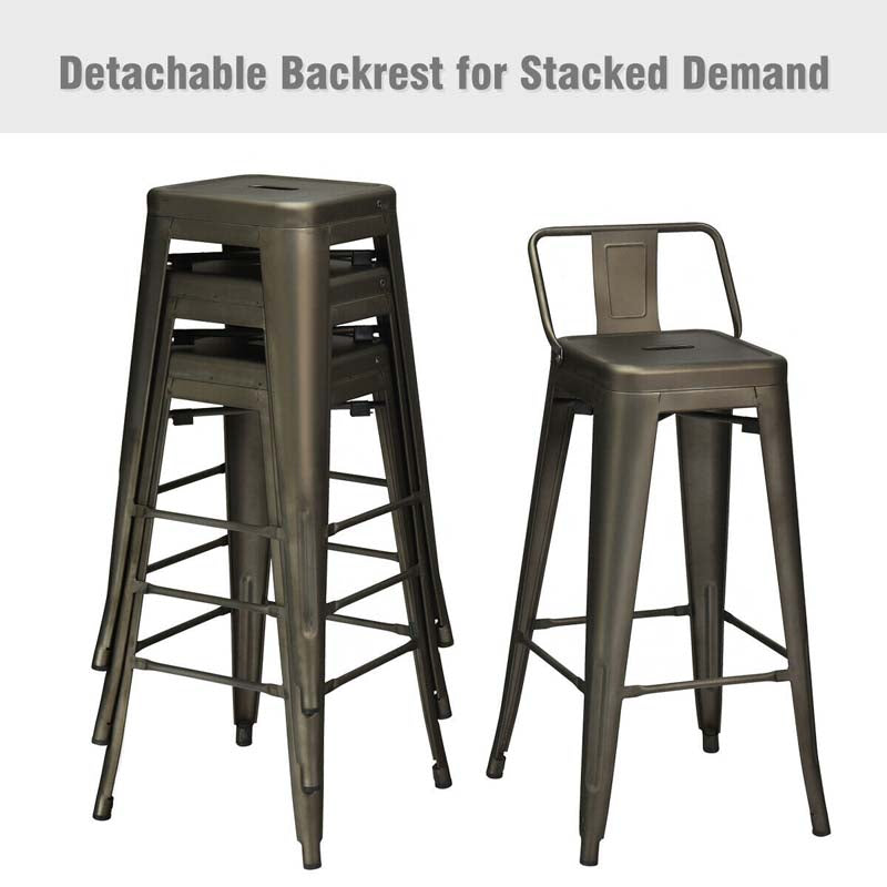 Industrial Stackable Metal Bar Stools Set of 4, 30" Low Back Bar Height Chairs with Removable Back & Footrest for Kitchen Island Indoor Outdoor