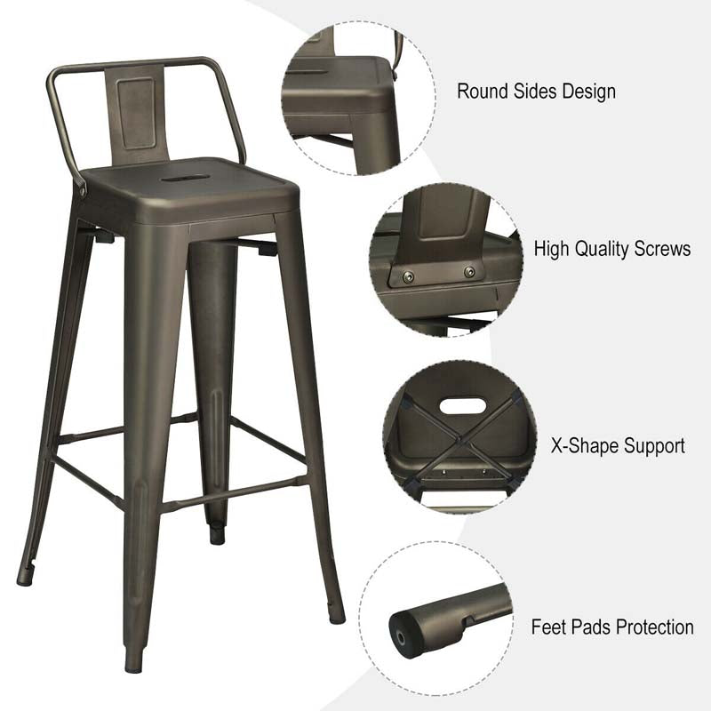 Industrial Stackable Metal Bar Stools Set of 4, 30" Low Back Bar Height Chairs with Removable Back & Footrest for Kitchen Island Indoor Outdoor