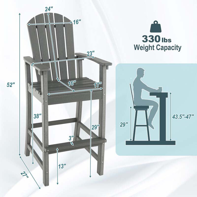 Outdoor HDPE Tall Adirondack Chairs with Armrests & Footrest, 30" Counter Height Bar Stools for Garden Backyard