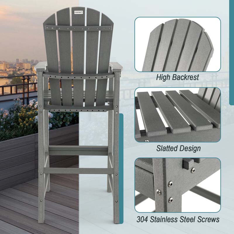 Outdoor HDPE Tall Adirondack Chairs with Armrests & Footrest, 30" Counter Height Bar Stools for Garden Backyard