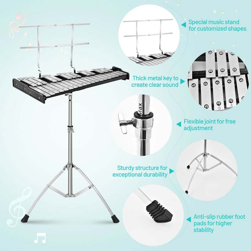 32 Notes Professional Glockenspiel Bell Kit, Percussion Xylophone with Adjustable Stand, Music Stand, 8'' Practice Pad, Carrying Bag