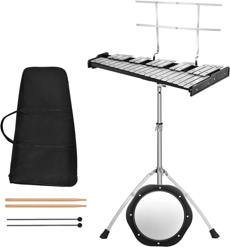 32 Notes Professional Glockenspiel Bell Kit, Percussion Xylophone with Adjustable Stand, Music Stand, 8'' Practice Pad, Carrying Bag