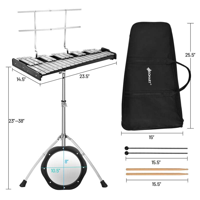 32 Notes Professional Glockenspiel Bell Kit, Percussion Xylophone with Adjustable Stand, Music Stand, 8'' Practice Pad, Carrying Bag