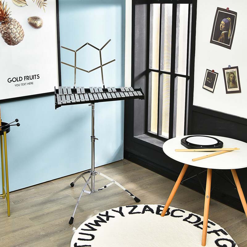 32 Notes Professional Glockenspiel Bell Kit, Percussion Xylophone with Adjustable Stand, Music Stand, 8'' Practice Pad, Carrying Bag