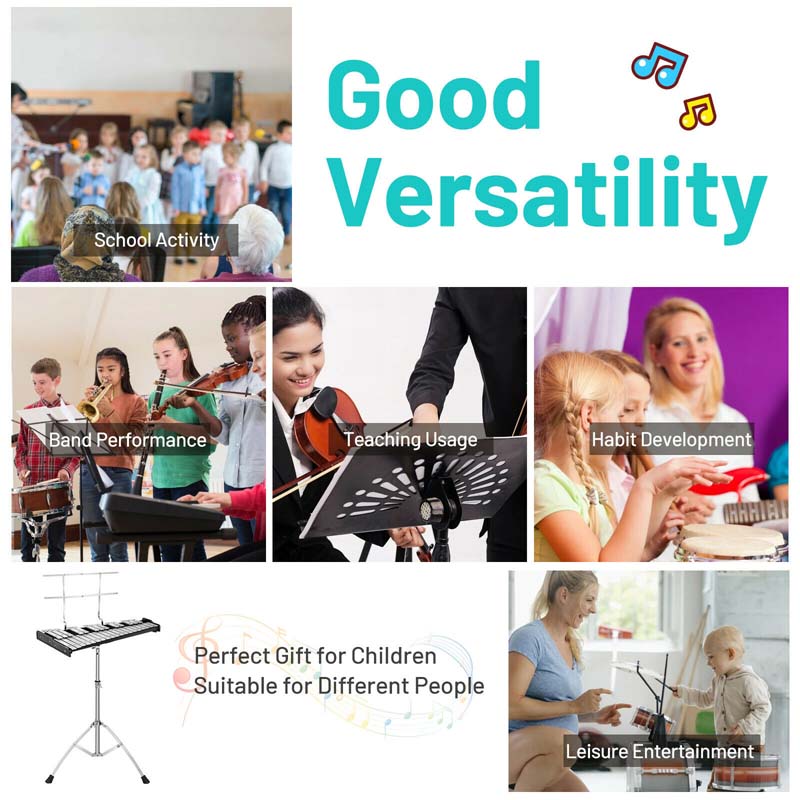 32 Notes Professional Glockenspiel Bell Kit, Percussion Xylophone with Adjustable Stand, Music Stand, 8'' Practice Pad, Carrying Bag