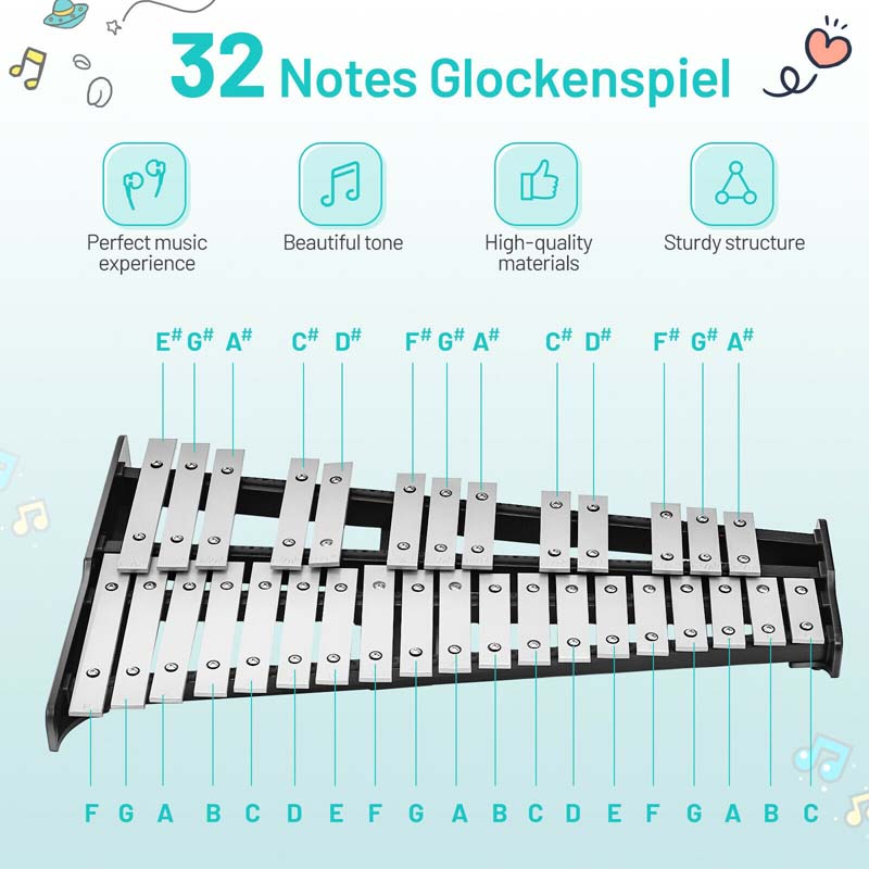 32 Notes Professional Glockenspiel Bell Kit, Percussion Xylophone with Adjustable Stand, Music Stand, 8'' Practice Pad, Carrying Bag