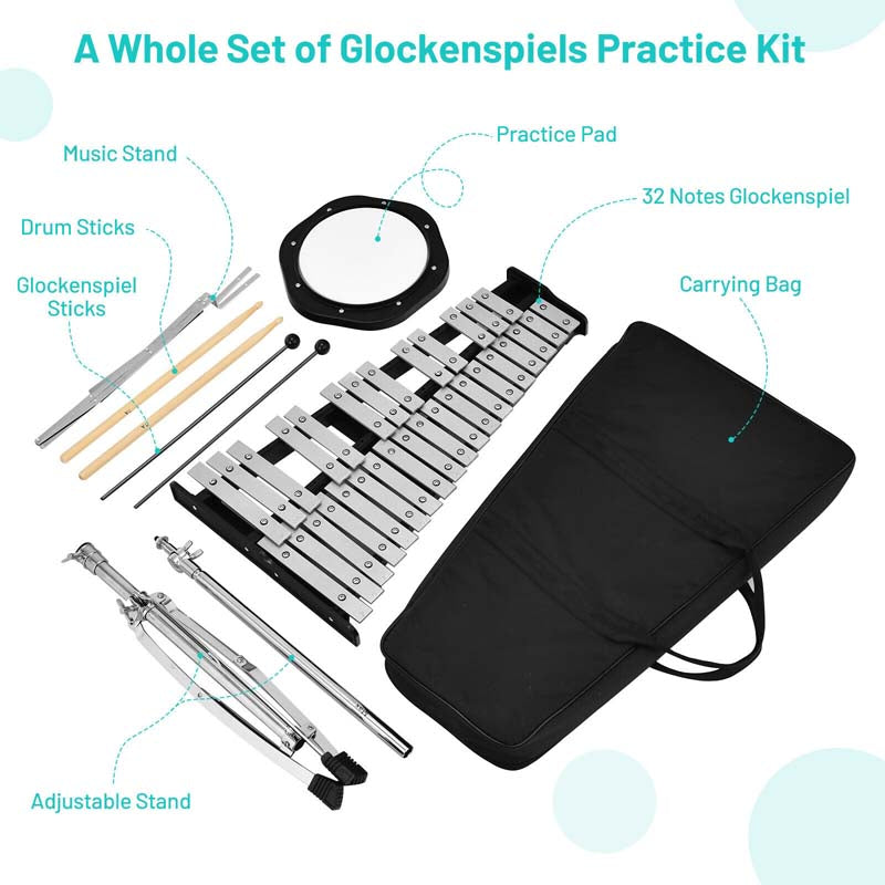 32 Notes Professional Glockenspiel Bell Kit, Percussion Xylophone with Adjustable Stand, Music Stand, 8'' Practice Pad, Carrying Bag