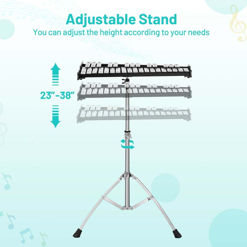 32 Notes Professional Glockenspiel Bell Kit, Percussion Xylophone with Adjustable Stand, Music Stand, 8'' Practice Pad, Carrying Bag