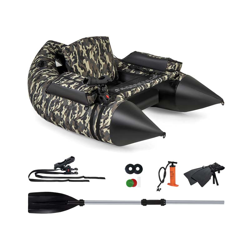 Inflatable Fishing Float Tube, 350 LBS Capacity Belly Boat with Paddle, Flippers, Rod Holder, Fish Ruler, Pump, Storage Bag & Adjustable Straps