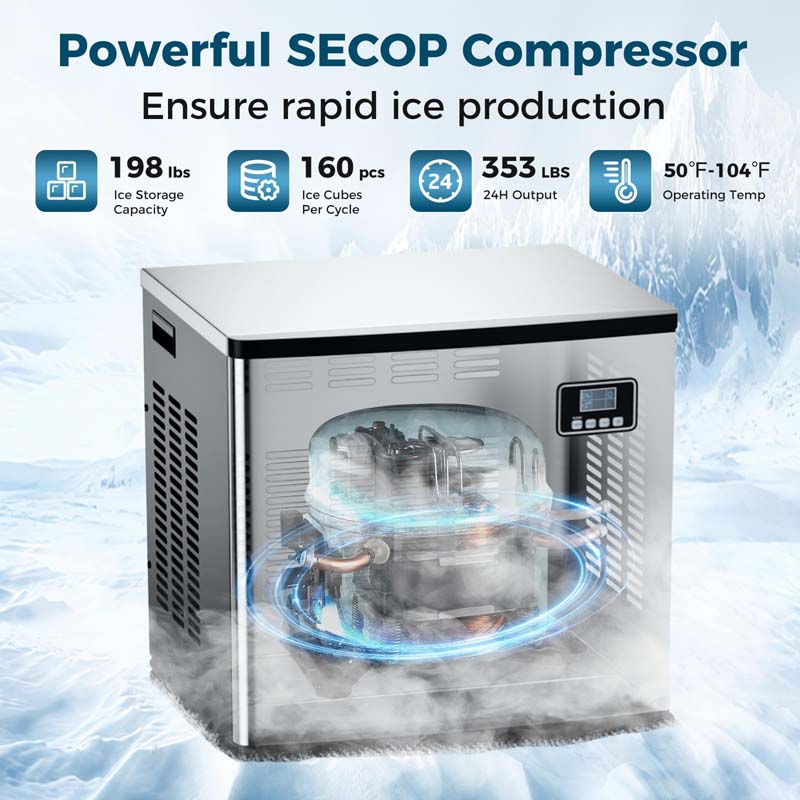 353LBS/24H Split Commercial Ice Maker Machine with 198LBS Storage Bin & Auto Self-Cleaning, Industrial Ice Maker w/SECOP Compressor