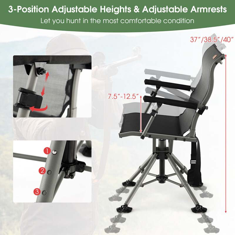 360° Silent Swivel Blind Chair, Portable Folding Hunting Chair with Adjustable Legs, Padded Armrests & 400LBS Capacity for Outdoor Fishing Camping
