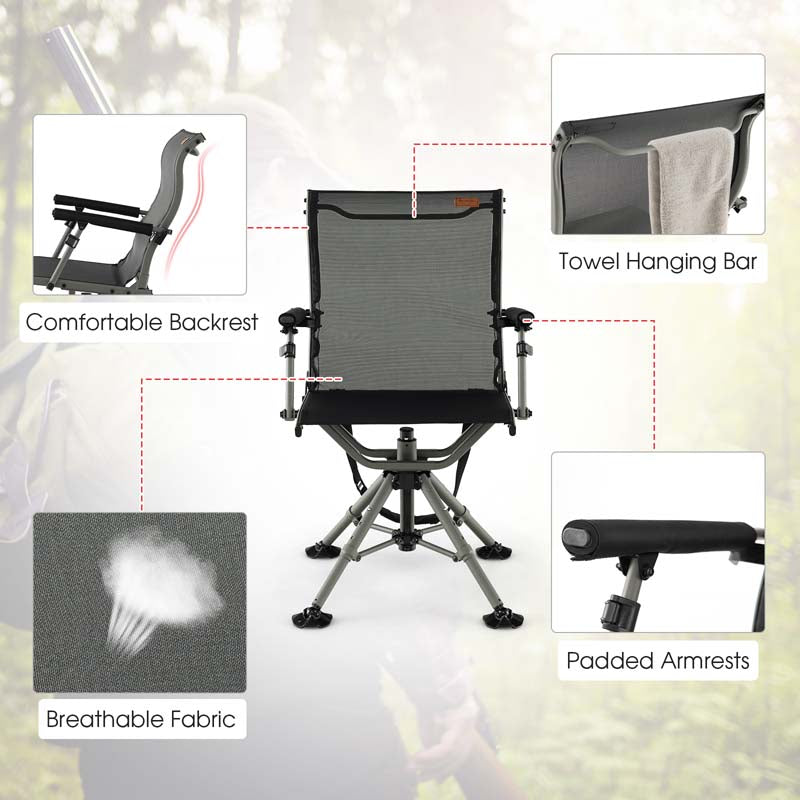 360° Silent Swivel Blind Chair, Portable Folding Hunting Chair with Adjustable Legs, Padded Armrests & 400LBS Capacity for Outdoor Fishing Camping