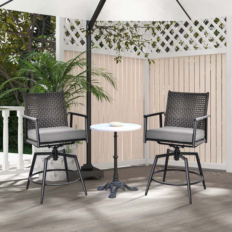 360 Swivel Bar Stools Patio Counter Height Bar Chair with PE Rattan Backrest, Metal Frame, Removable Seat Cushion & Footrest