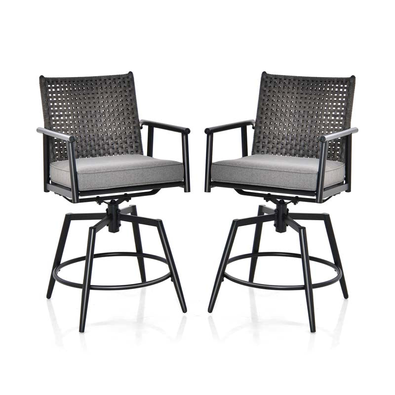 360 Swivel Bar Stools Patio Counter Height Bar Chair with PE Rattan Backrest, Metal Frame, Removable Seat Cushion & Footrest