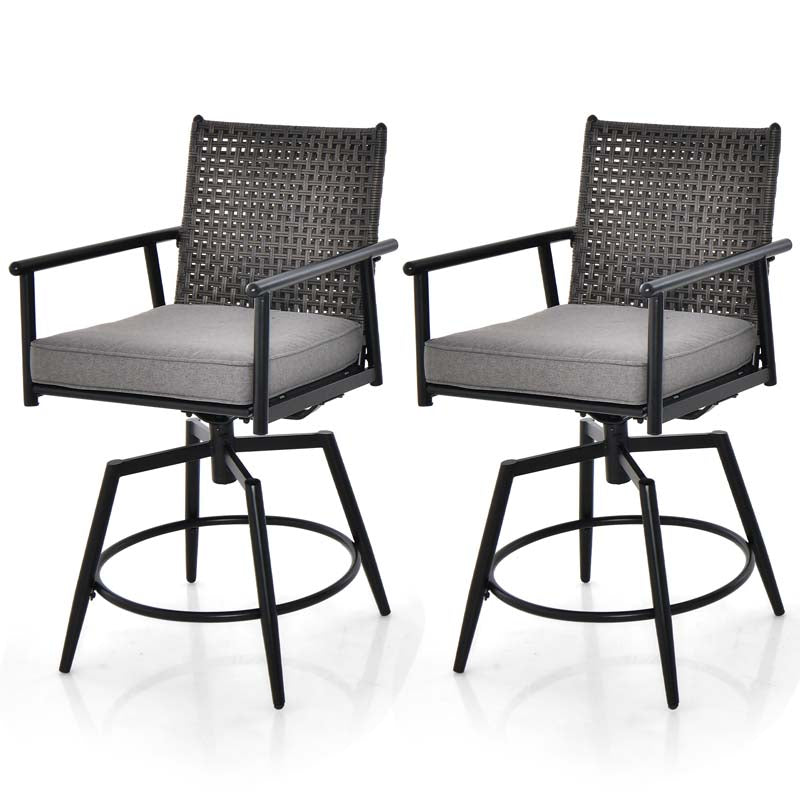 360 Swivel Bar Stools Patio Counter Height Bar Chair with PE Rattan Backrest, Metal Frame, Removable Seat Cushion & Footrest