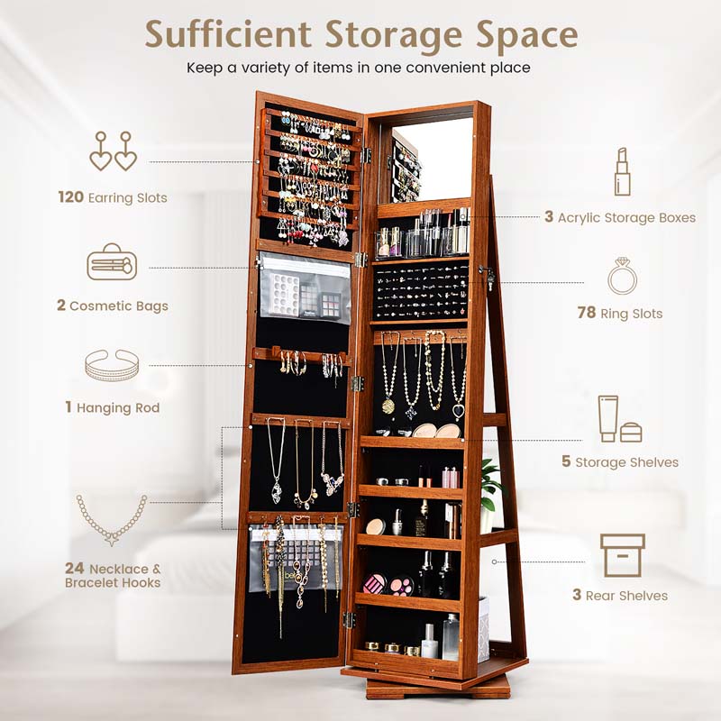 360° Rotating Jewelry Armoire with Higher Full Length Mirror, 3-in-1 Freestanding Lockable Jewelry Cabinet Organizer