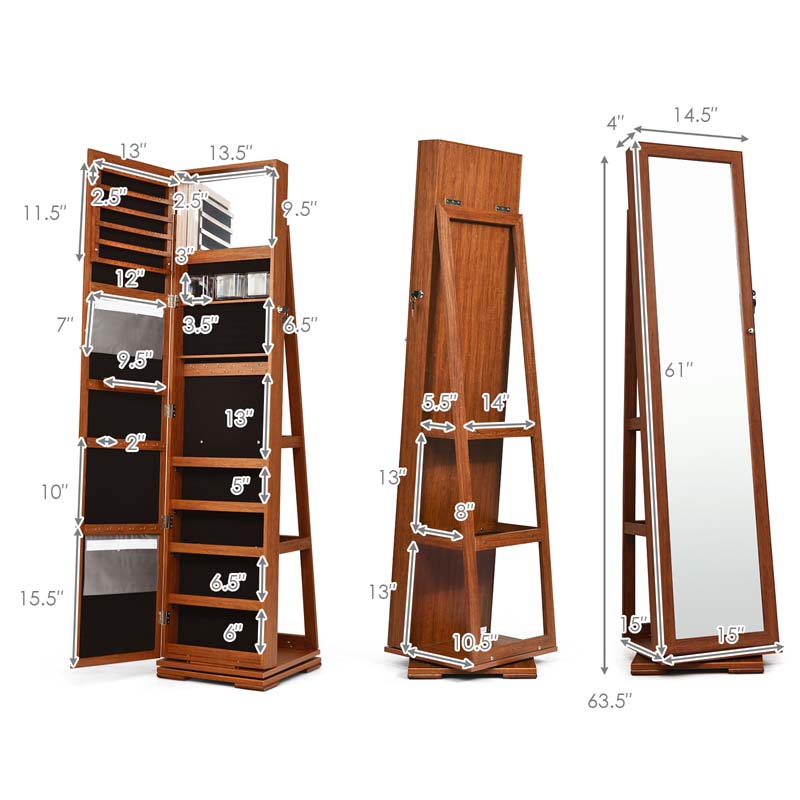 360° Rotating Jewelry Armoire with Higher Full Length Mirror, 3-in-1 Freestanding Lockable Jewelry Cabinet Organizer