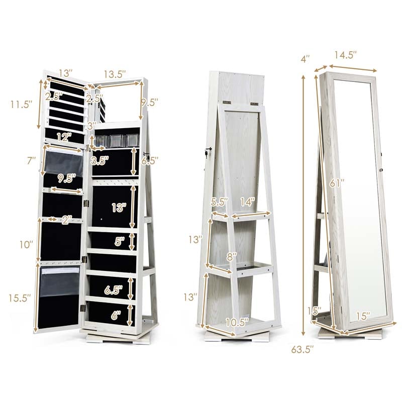 360° Rotating Jewelry Armoire with Higher Full Length Mirror, 3-in-1 Freestanding Lockable Jewelry Cabinet Organizer