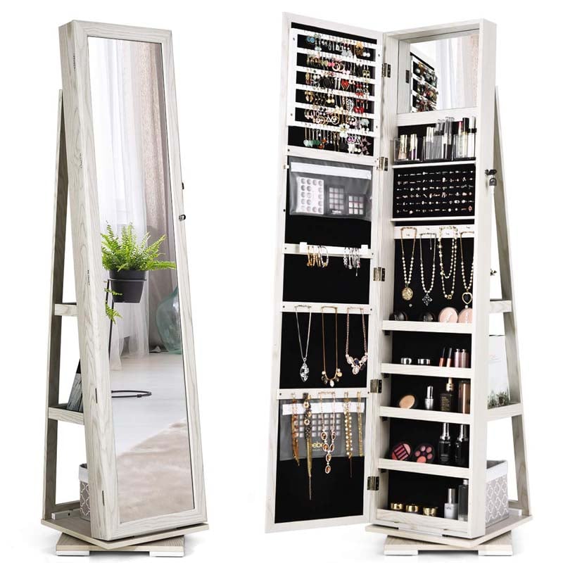 360° Rotating Jewelry Armoire with Higher Full Length Mirror, 3-in-1 Freestanding Lockable Jewelry Cabinet Organizer