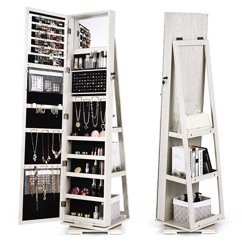 360° Rotating Jewelry Armoire with Higher Full Length Mirror, 3-in-1 Freestanding Lockable Jewelry Cabinet Organizer