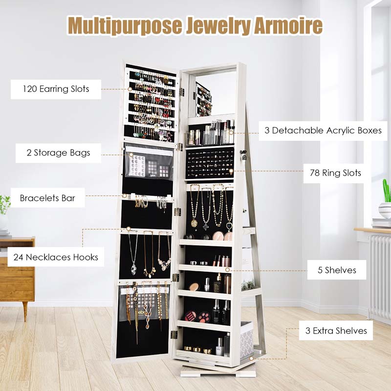 360° Rotating Jewelry Armoire with Higher Full Length Mirror, 3-in-1 Freestanding Lockable Jewelry Cabinet Organizer