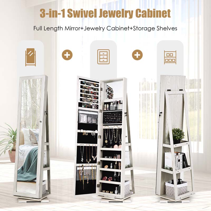 360° Rotating Jewelry Armoire with Higher Full Length Mirror, 3-in-1 Freestanding Lockable Jewelry Cabinet Organizer