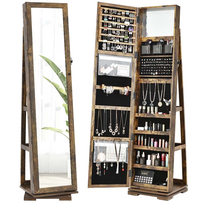 360° Rotating Jewelry Armoire with Higher Full Length Mirror, 3-in-1 Freestanding Lockable Jewelry Cabinet Organizer