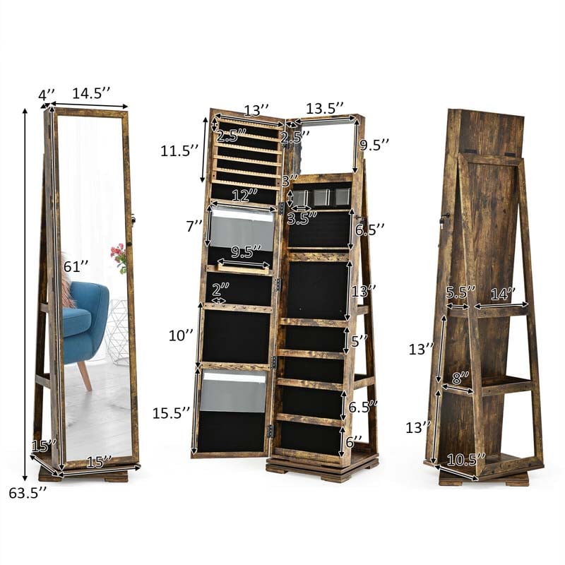 360° Rotating Jewelry Armoire with Higher Full Length Mirror, 3-in-1 Freestanding Lockable Jewelry Cabinet Organizer