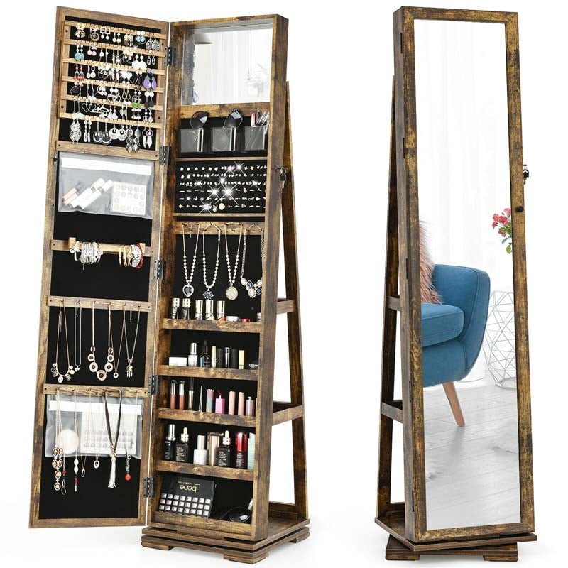 360° Rotating Jewelry Armoire with Higher Full Length Mirror, 3-in-1 Freestanding Lockable Jewelry Cabinet Organizer