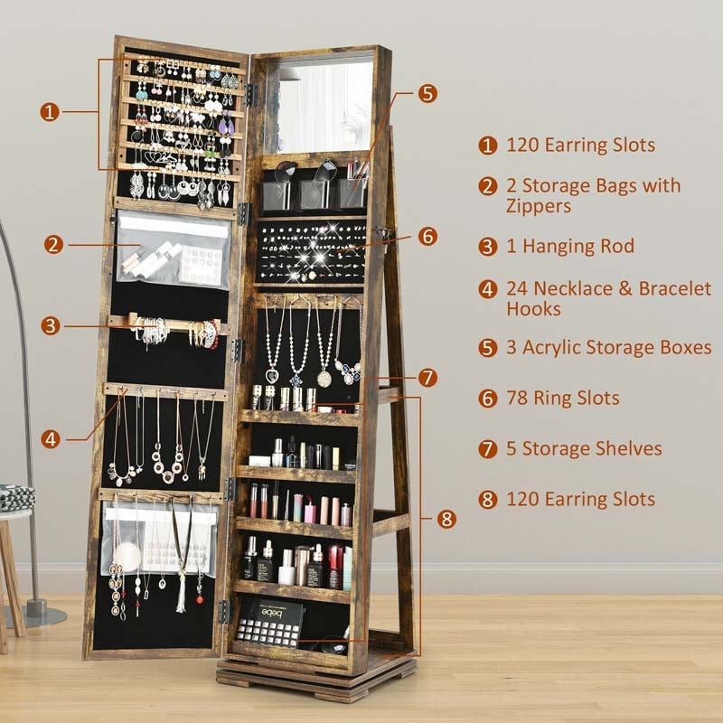 360° Rotating Jewelry Armoire with Higher Full Length Mirror, 3-in-1 Freestanding Lockable Jewelry Cabinet Organizer