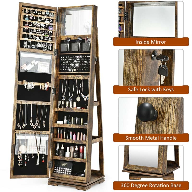 360° Rotating Jewelry Armoire with Higher Full Length Mirror, 3-in-1 Freestanding Lockable Jewelry Cabinet Organizer