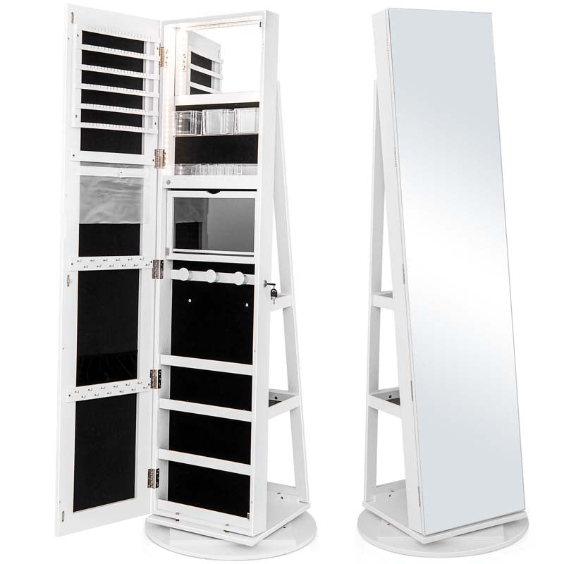 360° Swivel Jewelry Armoire with Full-Length Mirror, Lockable Jewelry Cabinet Standing Organizer w/Rear Storage Shelves 3-Color LED Lights