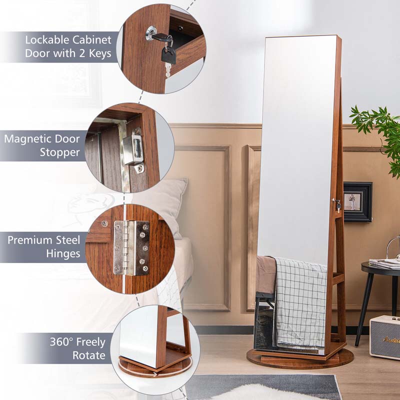 360° Swivel Jewelry Armoire with Full-Length Mirror, Lockable Jewelry Cabinet Standing Organizer w/Rear Storage Shelves 3-Color LED Lights