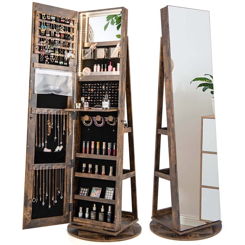 360° Swivel Jewelry Armoire with Full-Length Mirror, Lockable Jewelry Cabinet Standing Organizer w/Rear Storage Shelves 3-Color LED Lights