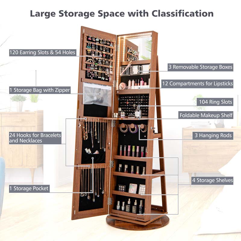 360° Swivel Jewelry Armoire with Full-Length Mirror, Lockable Jewelry Cabinet Standing Organizer w/Rear Storage Shelves 3-Color LED Lights