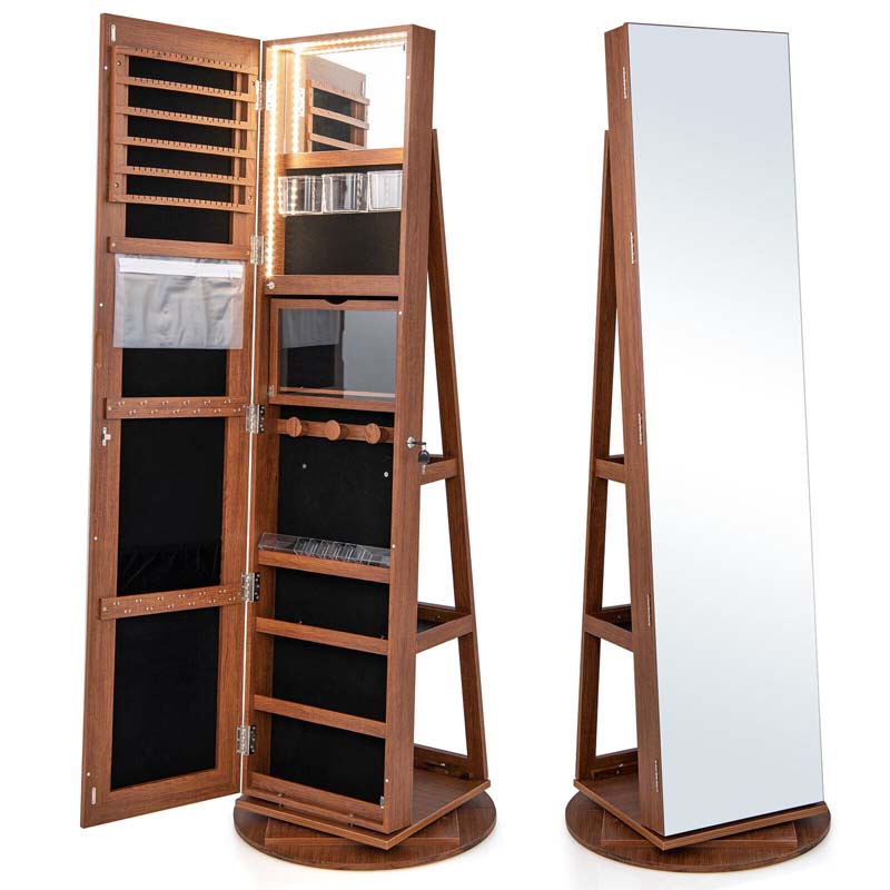 360° Swivel Jewelry Armoire with Full-Length Mirror, Lockable Jewelry Cabinet Standing Organizer w/Rear Storage Shelves 3-Color LED Lights