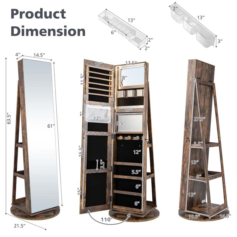 360° Swivel Jewelry Armoire with Full-Length Mirror, Lockable Jewelry Cabinet Standing Organizer w/Rear Storage Shelves 3-Color LED Lights