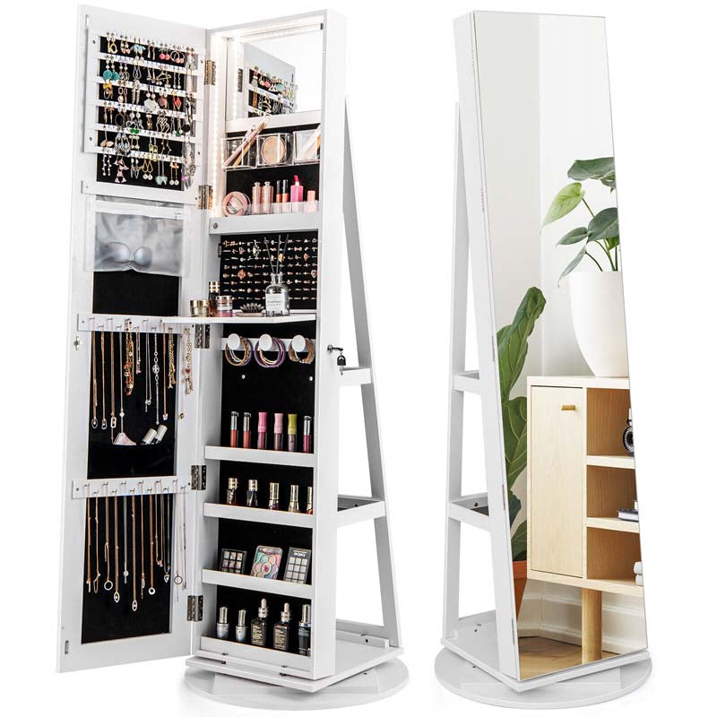 360° Swivel Jewelry Armoire with Full-Length Mirror, Lockable Jewelry Cabinet Standing Organizer w/Rear Storage Shelves 3-Color LED Lights