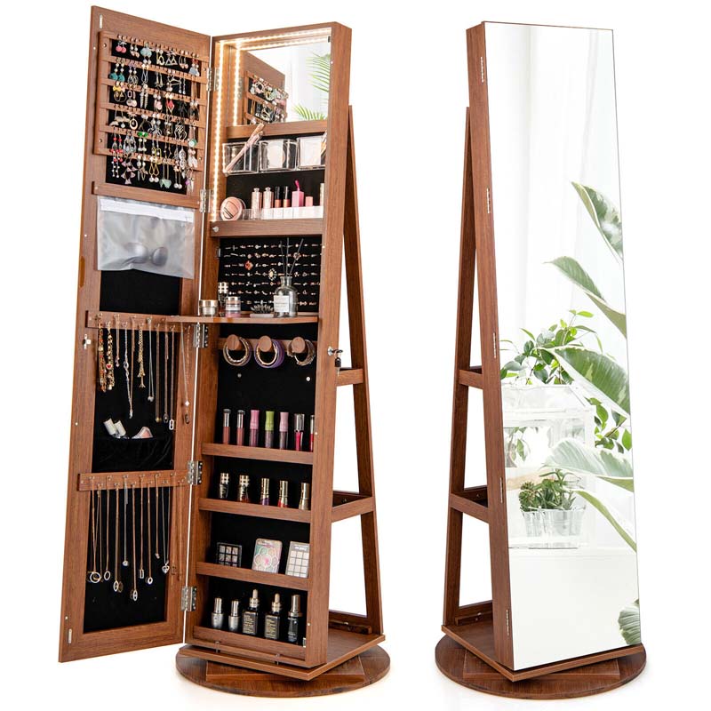 360° Swivel Jewelry Armoire with Full-Length Mirror, Lockable Jewelry Cabinet Standing Organizer w/Rear Storage Shelves 3-Color LED Lights