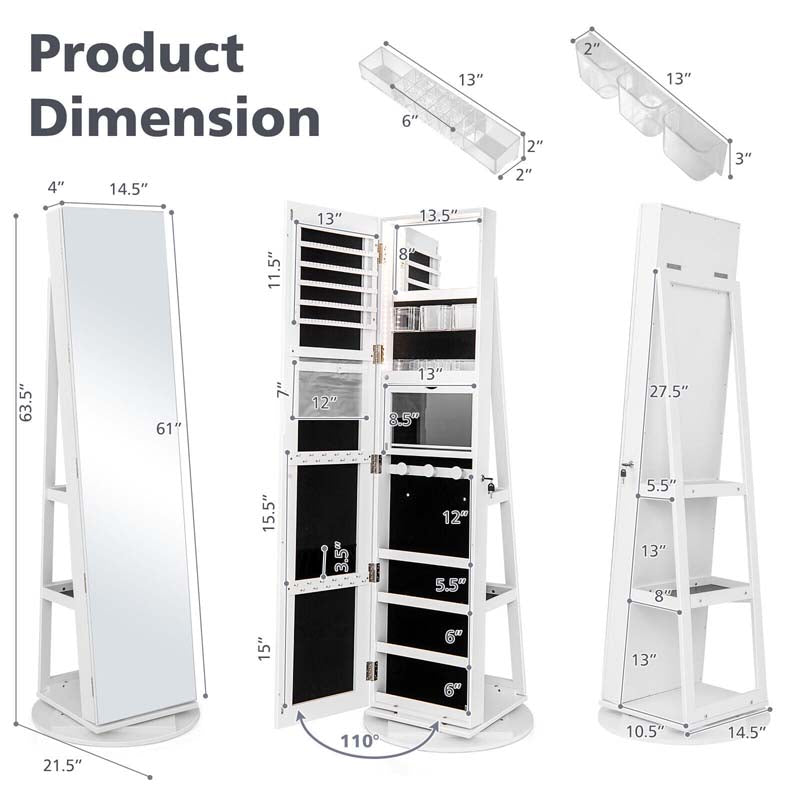360° Swivel Jewelry Armoire with Full-Length Mirror, Lockable Jewelry Cabinet Standing Organizer w/Rear Storage Shelves 3-Color LED Lights