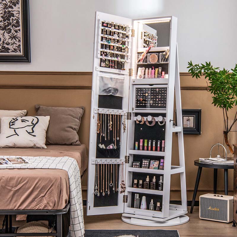 360° Swivel Jewelry Armoire with Full-Length Mirror, Lockable Jewelry Cabinet Standing Organizer w/Rear Storage Shelves 3-Color LED Lights